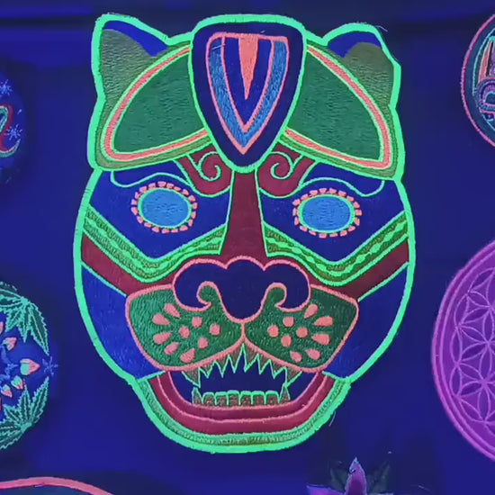Jaguar Mask T-Shirt blacklight handmade embroidery no print goa t-shirt