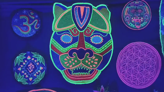 Jaguar Mask T-Shirt blacklight handmade embroidery no print goa t-shirt