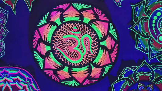 UV Blacklight AUM Embroidery Mandala Patch glowing cosmic music art Goa Trance Psychedelic OM Yantra fully neon shining xxl size