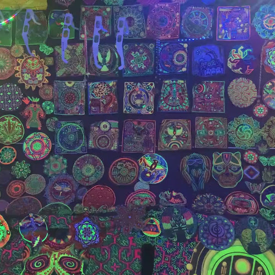 Huichol Shaman embroidery art magic cactus ceremony artwork mescaline blacklight glowing psychedelic indigene decoration UV active shining