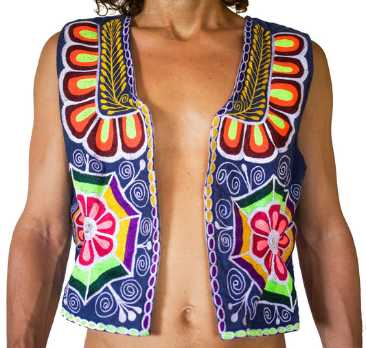 Flower Power summer jacket - handmade hippie artwork with flower of life embroidery on backside - you can choose any background fabric color