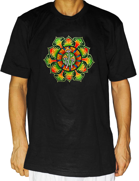 Green Magic Mushroom T-Shirt Shrooms Mandala handmade embroidery yantra goa tshirt psychedelic psy trance shirt Mckenna mandala