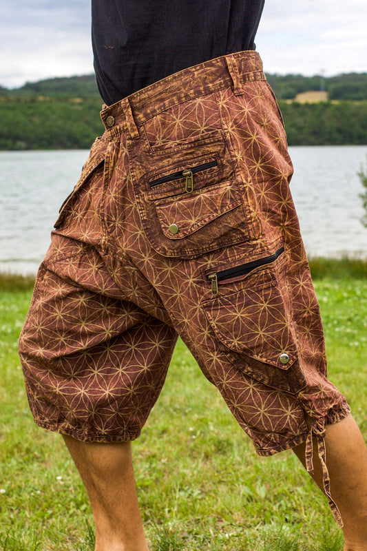 Brown Flower of Life Pants - sacred geometry pattern shorts - 9 pockets handmade long and short pants  size adjustable with 2 buttons