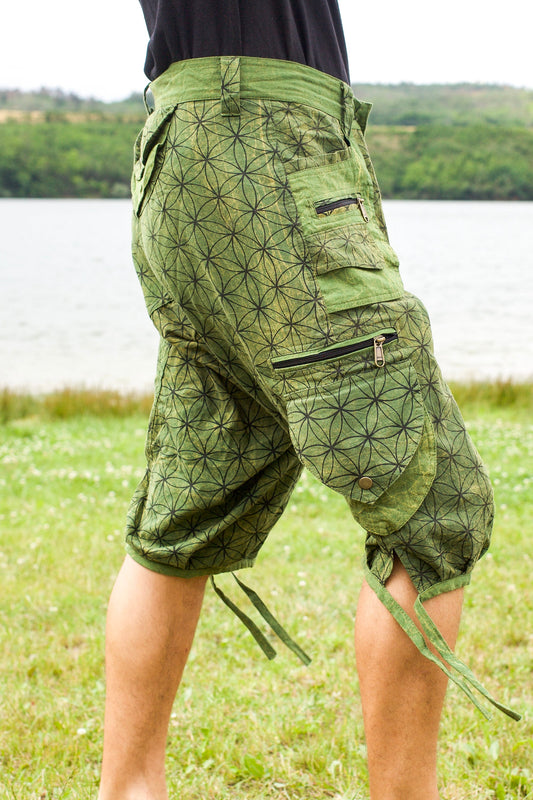 Green Flower of Life Pants - sacred geometry pattern shorts - 9 pockets handmade long and short pants  size adjustable with 2 buttons