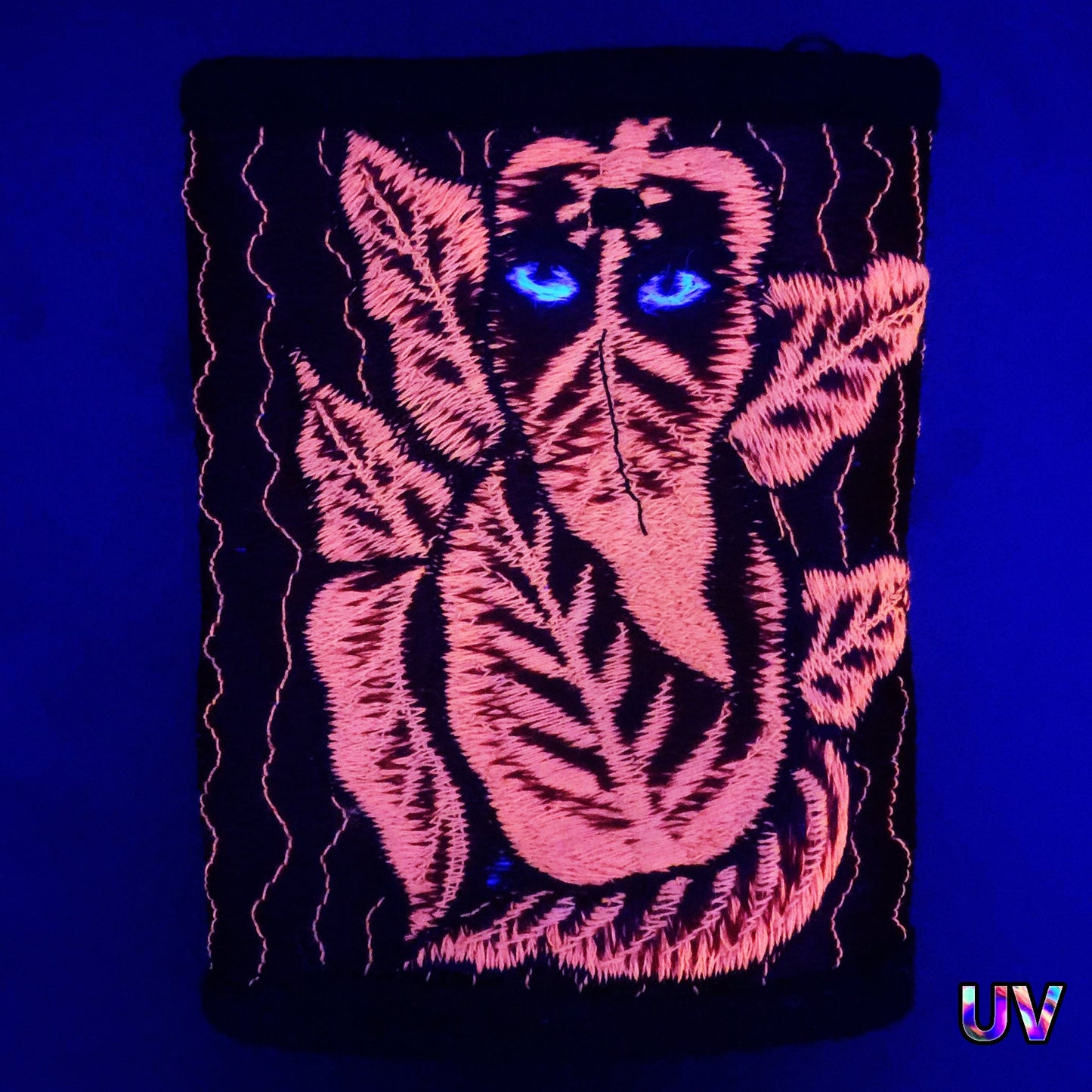 Red Ganesha moneypocket - blacklight glowing wallet pocket for coins and cards and 2 for papermoney with hook & loop handmade embroidery