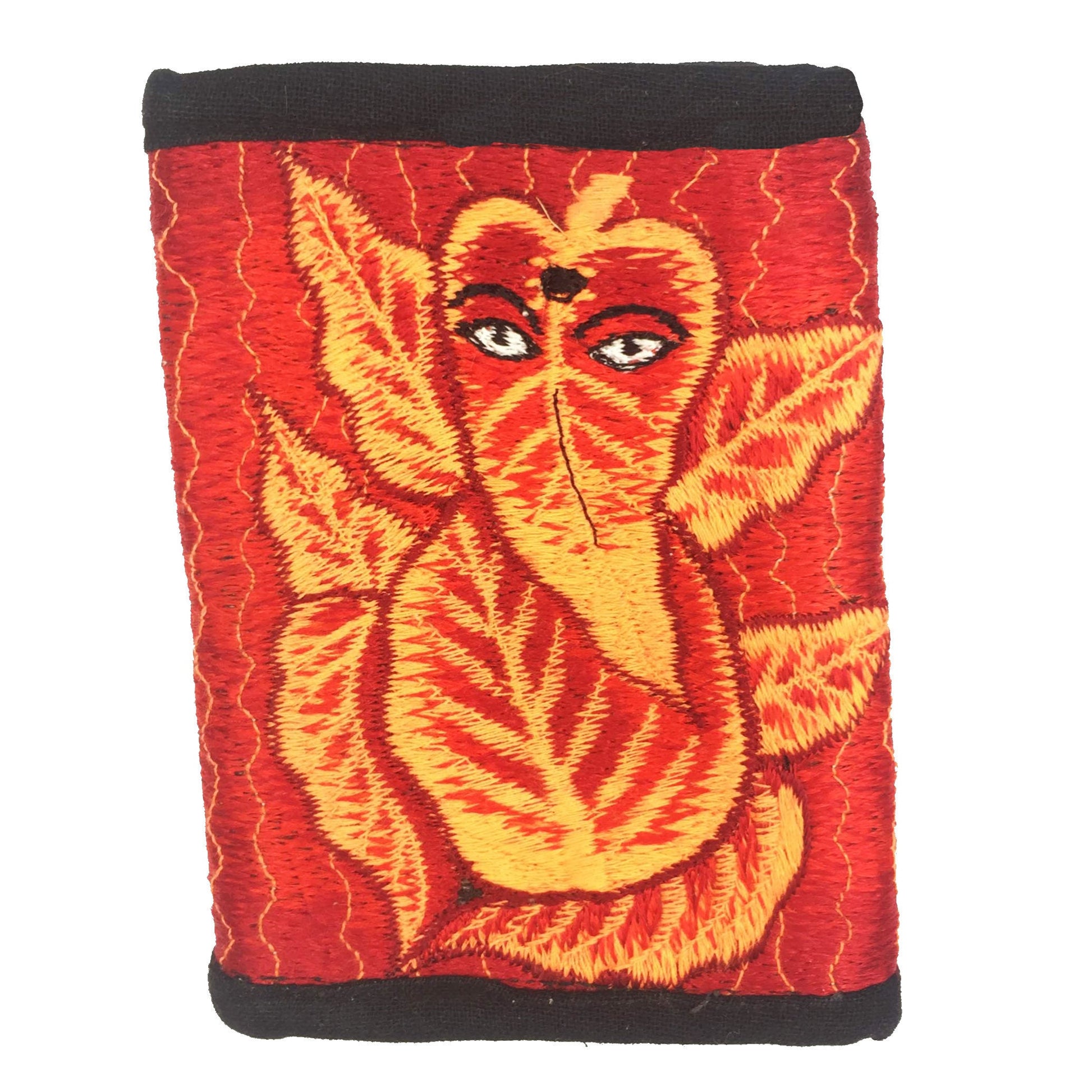Red Ganesha moneypocket - blacklight glowing wallet pocket for coins and cards and 2 for papermoney with hook & loop handmade embroidery