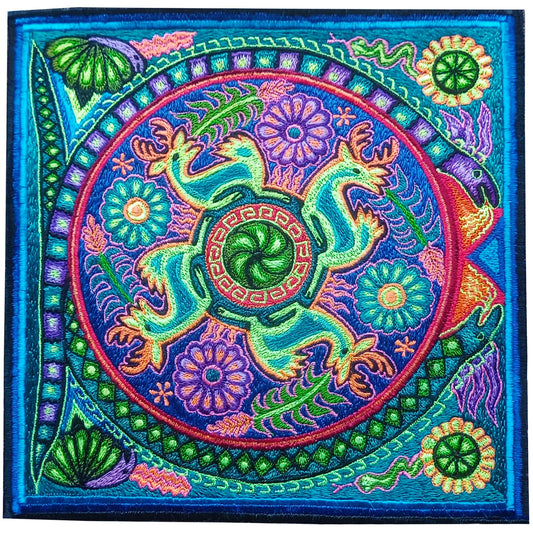 Huichol Dancing Deers peyote embroidery art shaman artwork mescaline blacklight glowing magic cactus deer indigene decoration