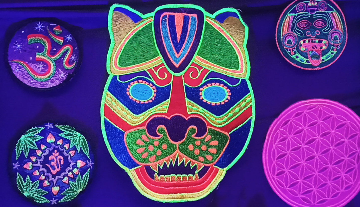 Jaguar Mask T-Shirt blacklight handmade embroidery no print goa t-shirt