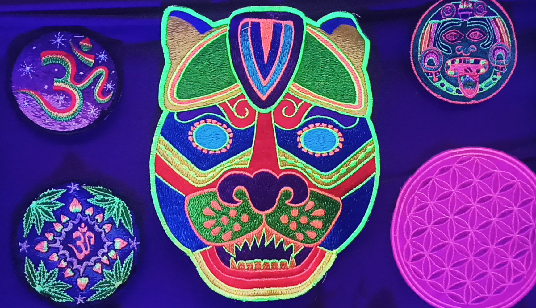 Jaguar Mask T-Shirt blacklight handmade embroidery no print goa t-shirt