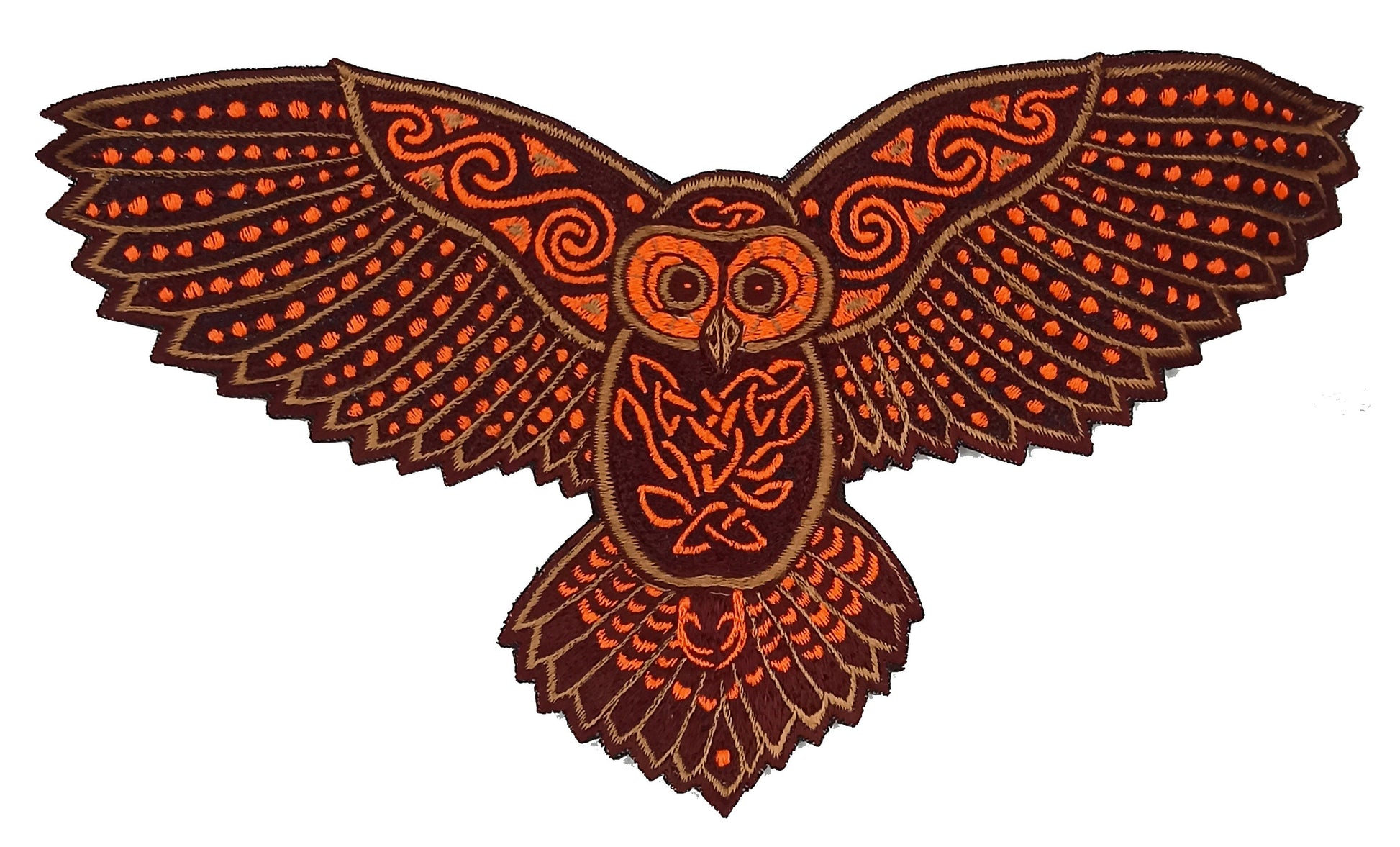 Celtic Owl Patch Embroidery with blacklight glowing UV colors - beautiful owl flies high and watches through the night of the magic forest
