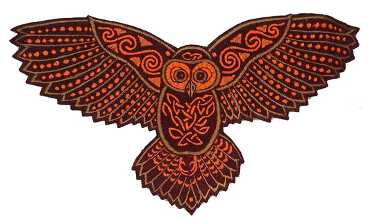 Celtic Owl Patch Embroidery with blacklight glowing UV colors - beautiful owl flies high and watches through the night of the magic forest