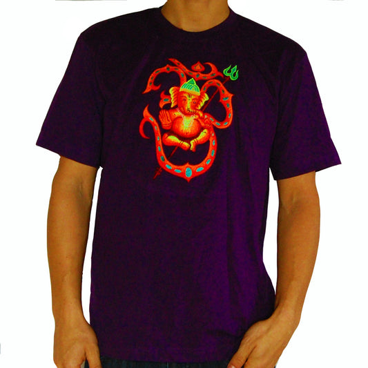 AUM Ganesha purple T-Shirt blacklight handmade embroidery no print psy shirt goa t-shirt