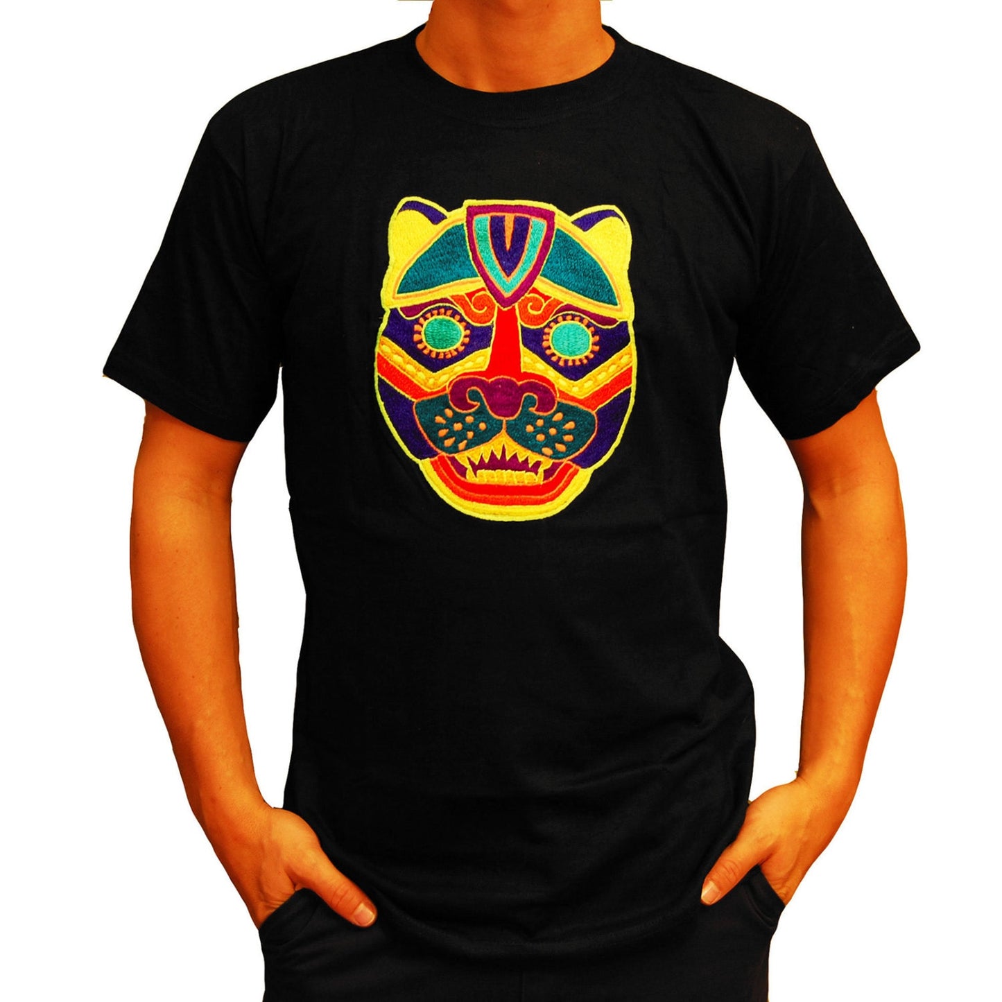Jaguar Mask T-Shirt blacklight handmade embroidery no print goa t-shirt