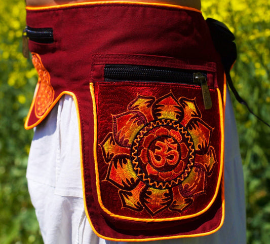 Beltbag red AUM mandala - 7 pockets, strong ziplocks, size adjustable with hook & loop and clip - blacklight active lines good luck