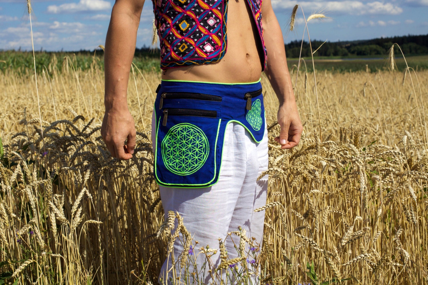 Beltbag blue AUM mandala - 7 pockets, strong ziplocks, size adjustable with hook & loop and clip - blacklight active lines flower of life