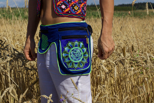 Beltbag blue AUM mandala - 7 pockets, strong ziplocks, size adjustable with hook & loop and clip - blacklight active lines flower of life